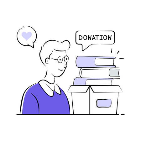A simple, stylized illustration depicts a person placing books into a donation box.のイラスト素材