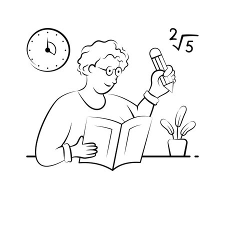 A hand drawn illustration of a student writing homework and solving academic assignments.のイラスト素材