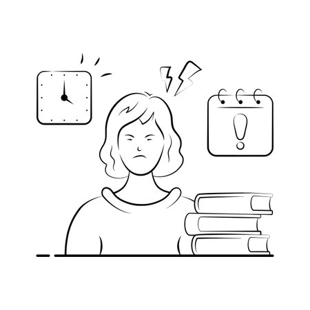 A student stressed with books, deadlines, and school workload, premium illustrationのイラスト素材
