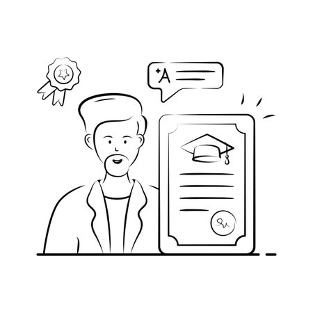 A stylized illustration of a man proudly holding a graduation certificate, ready to use illustrationのイラスト素材