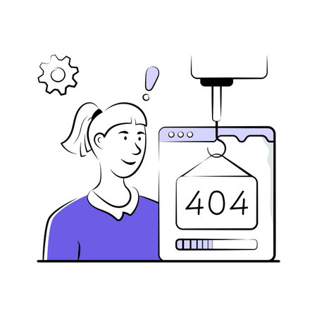 Illustration of a woman observing a 404 error during website maintenance.