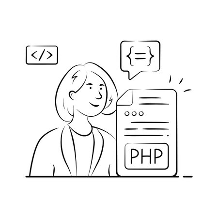 Hand drawn illustration of a coder developing PHP application with coding window and software tools.のイラスト素材