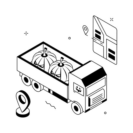 Halloween truck delivering pumpkins with spooky location map pin, concept illustrationのイラスト素材