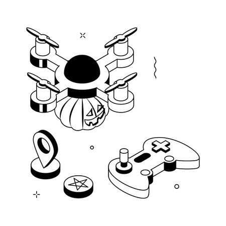 Spooky drone carrying pumpkin with Halloween game controller, concept illustration