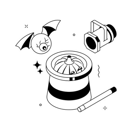 Spooky Halloween pumpkin magic trick with bat and eyeball, premium illustrationのイラスト素材