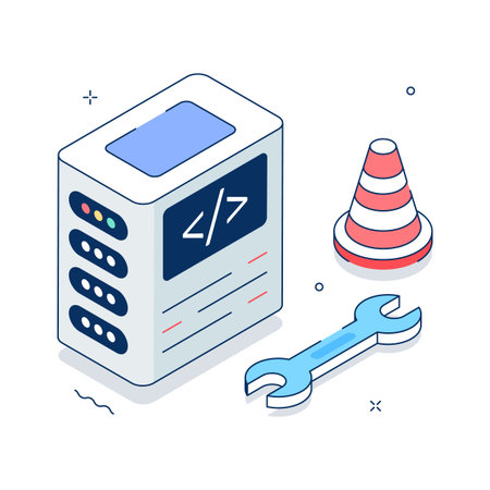Isometric server maintenance illustration showing tools and database repair.のイラスト素材