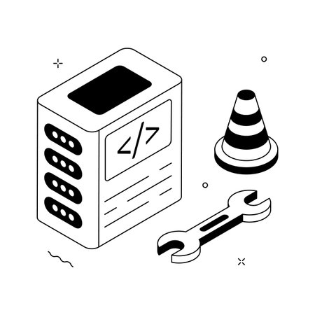 Isometric server maintenance illustration showing tools and database repair.のイラスト素材