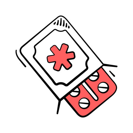 A vibrant illustration of a medicine container filled with blister packs of pillsのイラスト素材