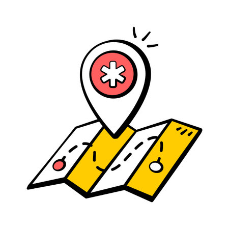 Map pin with medical symbol showing hospital or healthcare location hand drawn iconのイラスト素材