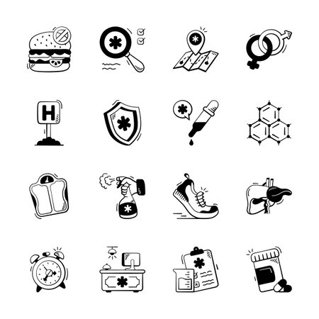 Take your hands on this amazing set of health and medical icons in doodle styleのイラスト素材