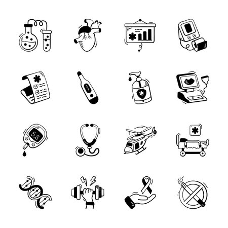 Bundle of medical and healthcare icons in unique hand drawn doodle styleのイラスト素材