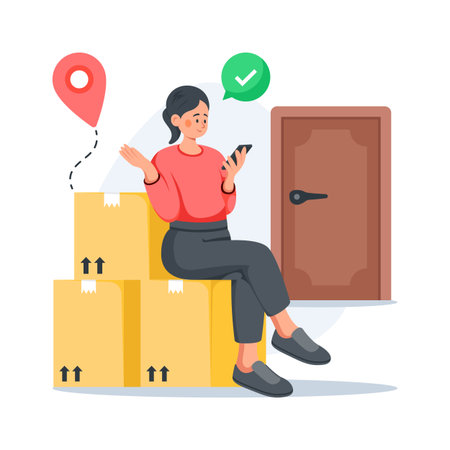 Flat illustration of a woman checking mobile for parcel deliveryのイラスト素材