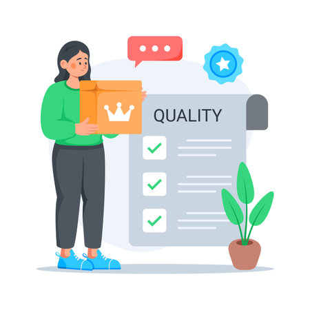 Illustration of a woman evaluating high quality e-commerce products.のイラスト素材
