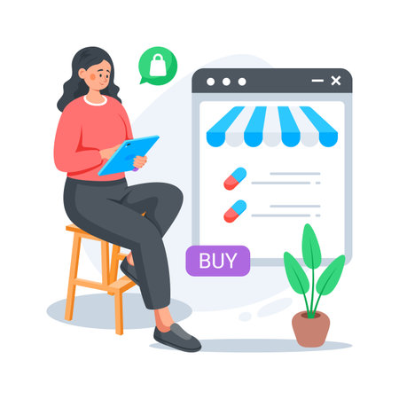 Illustration of woman buying medicines online from digital pharmacy storeのイラスト素材