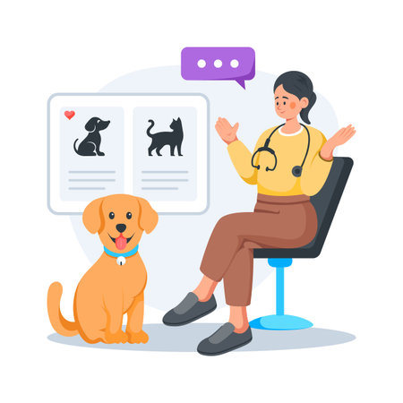 Illustration of veterinarian consulting pet owner with dog for animal healthcare.のイラスト素材