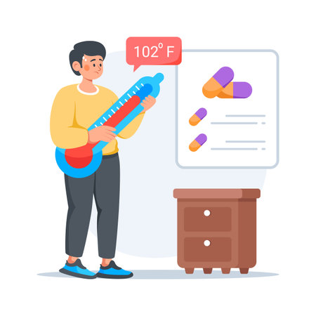 A man holding thermometer with high temperature for fever diagnosis, concept flat illustrationのイラスト素材