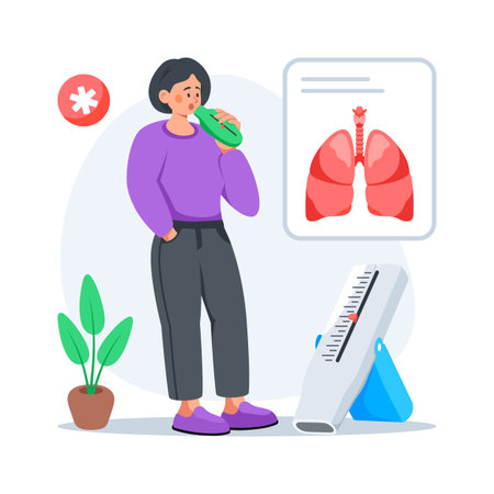 Illustration of a woman using spirometer for lungs health and breathing testのイラスト素材