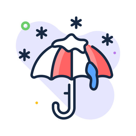 Snowflakes falling on umbrella denoting snow falling icon in flat outline styleのイラスト素材