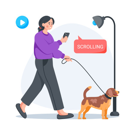 Flat style illustration of a woman using smartphone while walking her pet dogのイラスト素材