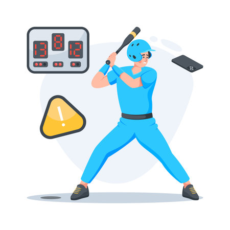 Illustration of a baseball player distracted of phone during fieldのイラスト素材