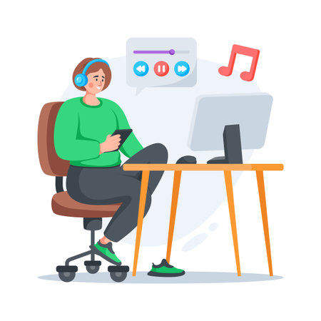 Flat illustration of a man using mobile phone during office workのイラスト素材