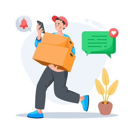 Illustration of a delivery boy using mobile during package deliveryのイラスト素材
