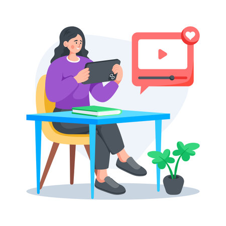 Flat style illustration of a woman watching video online on study tableのイラスト素材