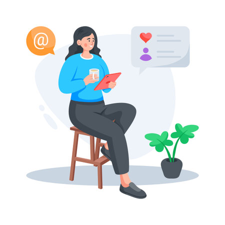 Illustration of a woman using mobile phone, premium flat vectorのイラスト素材