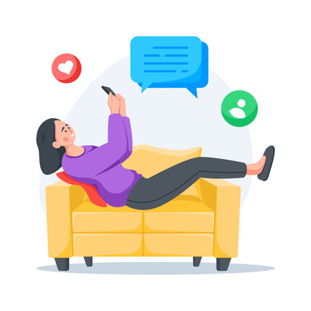 Girl lying on sofa texting friends through social media appsのイラスト素材