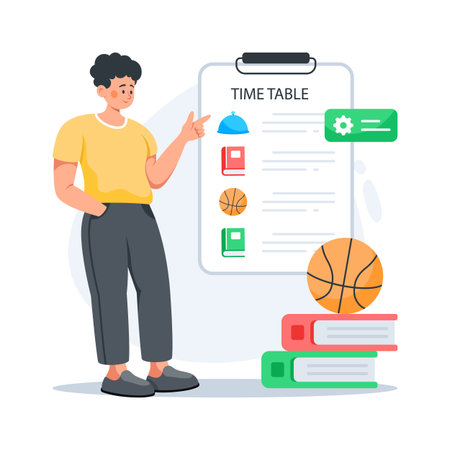 Flat style illustration of a student with school timetable, premium vectorのイラスト素材