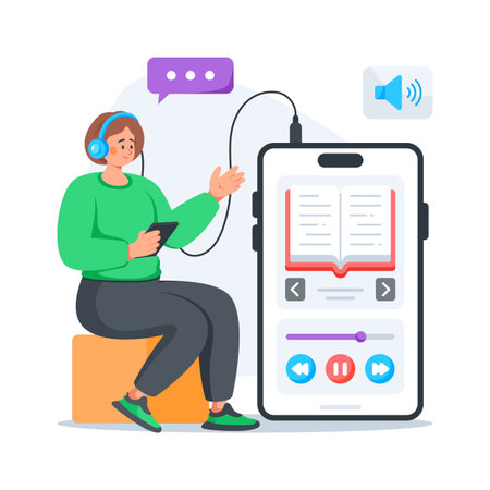 Student learning through educational audio lessons, flat illustrationのイラスト素材