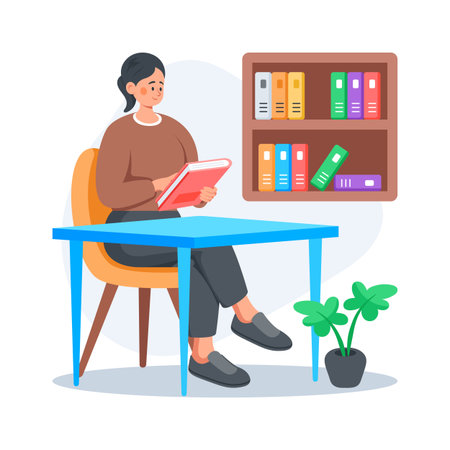 Flat illustration of female student reading book in library, concept vectorのイラスト素材