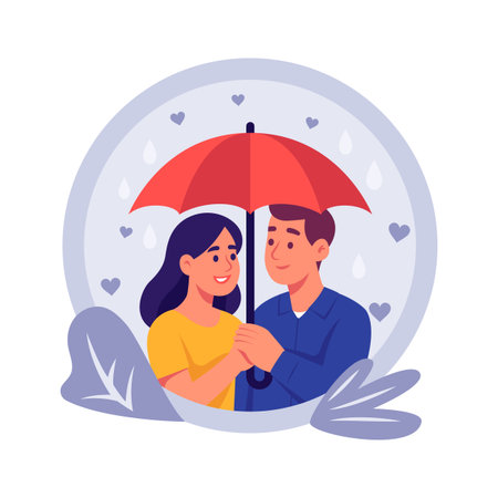 Flat style illustration of a couple doing romance under umbrellaのイラスト素材