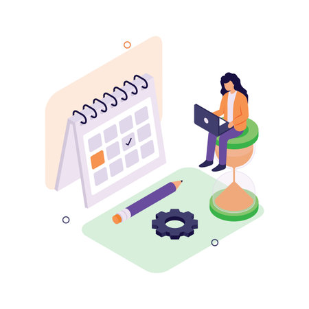 Isometric illustration of a businesswoman planning tasks with a calendar and hourglassのイラスト素材