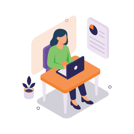 Isometric businesswoman working remotely on laptop at home officeのイラスト素材