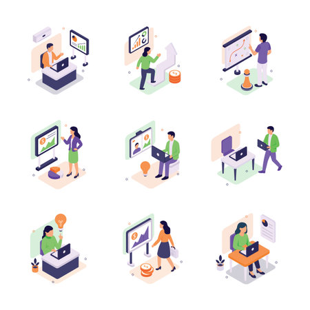 Take your hands on this amazing business planning and strategies isometric illustrations in trendy styleのイラスト素材