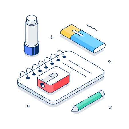 Notebook, pen, and school supplies, trendy isometric illustration of stationeryのイラスト素材