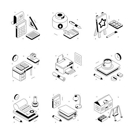 Creatively designed collection of school supplies isometric illustrationsのイラスト素材