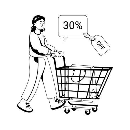 Woman shopping with cart during 30% off sale event, Glyph illustrationのイラスト素材
