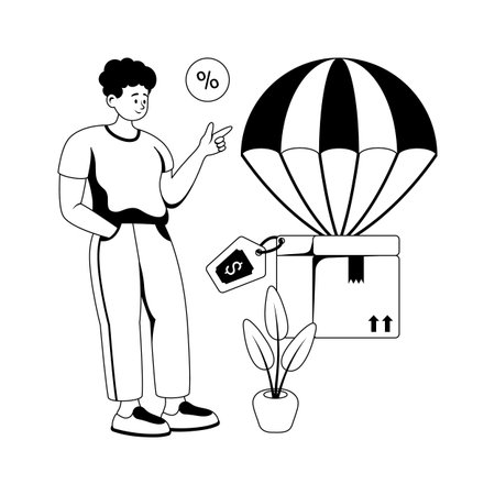 Trendy Glyph illustration of product package delivered safely via parachute.のイラスト素材