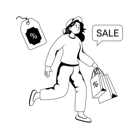 Excited woman running with shopping bags during sale, Glyph illustrationのイラスト素材