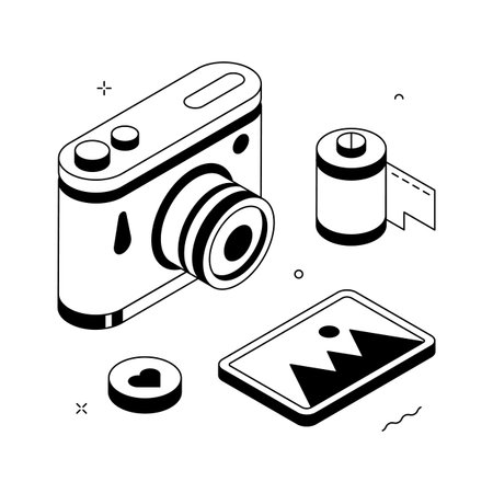 Stylish isometric illustration featuring a camera, film roll, and smartphone for photographyのイラスト素材