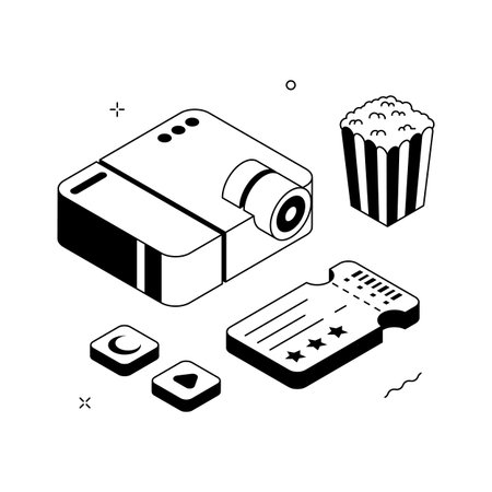 Isometric illustration of movie night setup with projector and popcorn for entertainmentのイラスト素材