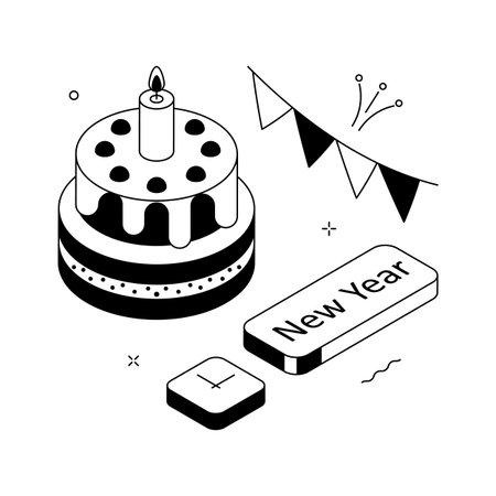Delicious cake with candle, banner and New Year tag in isometric design