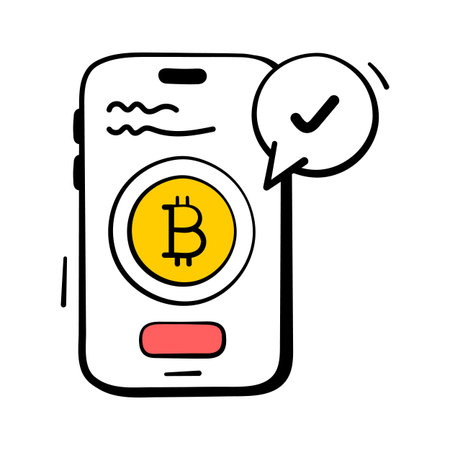 Mobile phone with crypto coin denoting crypto payment hand drawn vectorのイラスト素材