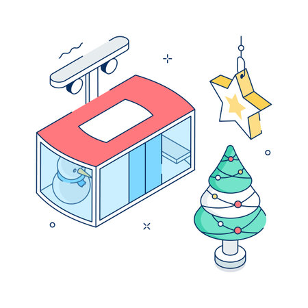 Cable car and Christmas tree decorations, modern isometric illustrationのイラスト素材