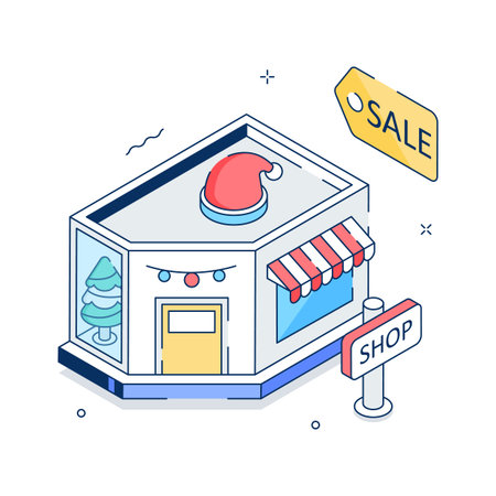 Holiday store offering big discounts during Christmas sale, isometric illustrationのイラスト素材