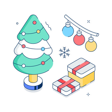 Christmas tree with gifts and ornaments, hand isometric illustrationのイラスト素材