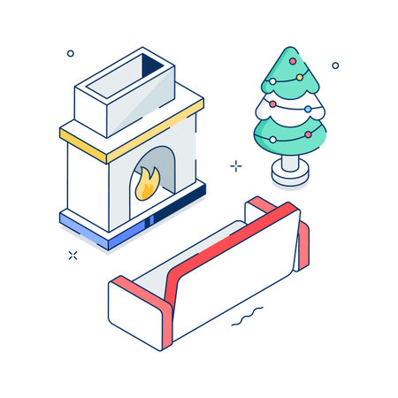 Holiday fireplace with festive decorations and gifts, modern isometric illustrationのイラスト素材