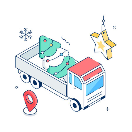 Truck carrying a decorated Christmas tree, concept isometric illustrationのイラスト素材